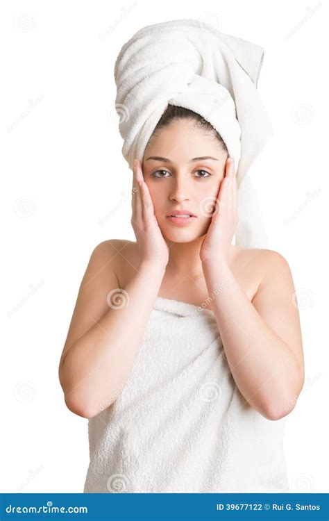 Woman With Towel Around Her Head Stock Photo Image Of Happy