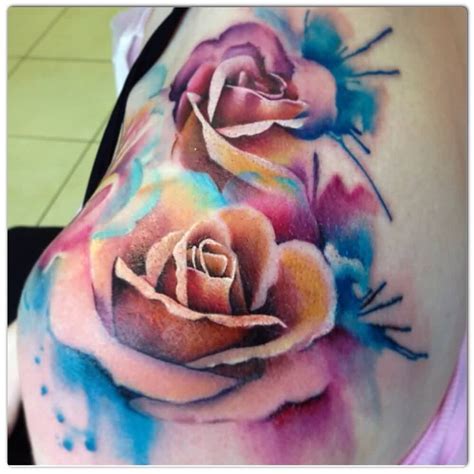 Watercolors Rose Flowers Tattoo On Left Shoulder