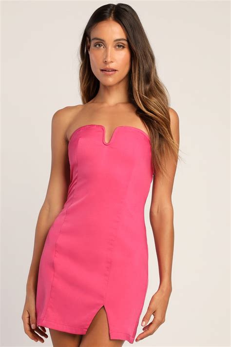 Hot Pink Strapless Dress Bodycon Mini Dress Notch Mini Dress Lulus