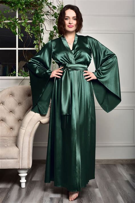 Emerald Green Bridal Robe Long Satin Kimono Maxi Bridesmaid Etsy