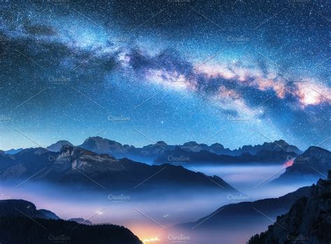 Milky Way Above Mountains In Fog Stock Photo Containing Milky Way And