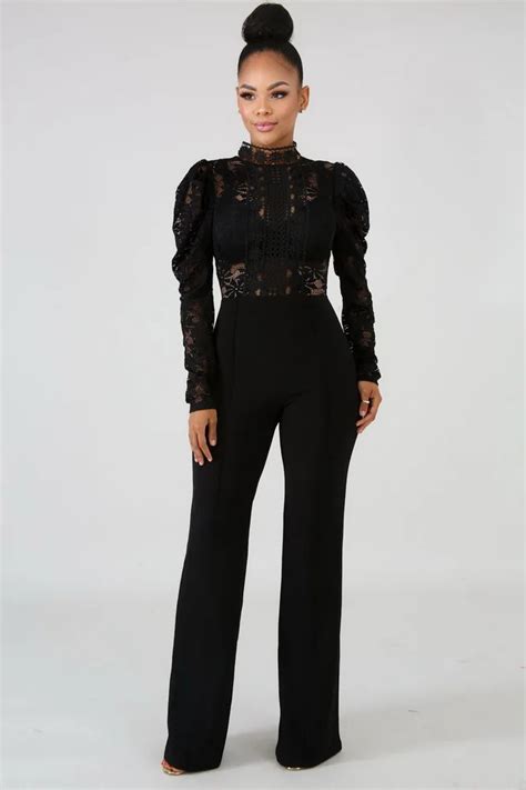 Okayoasis Sexy Women O Neck Long Sleeve One Piece Lace Casual Straight Jumpsuit Wide Leg Elegant