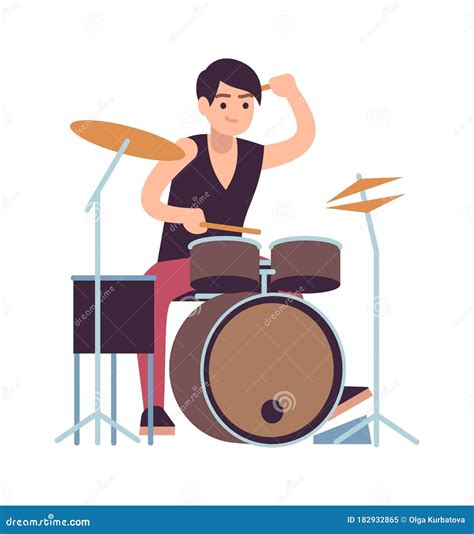 Drummer Young Man Playing On Drums Vector Cartoon Rock And Pop