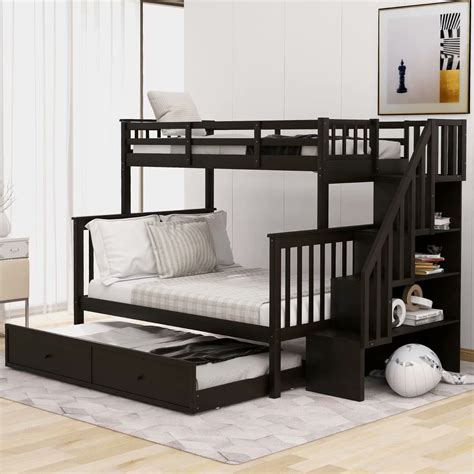 Twin Over Full Bunk Bed With Twin Size Trundle Stairway Bunk Bed With