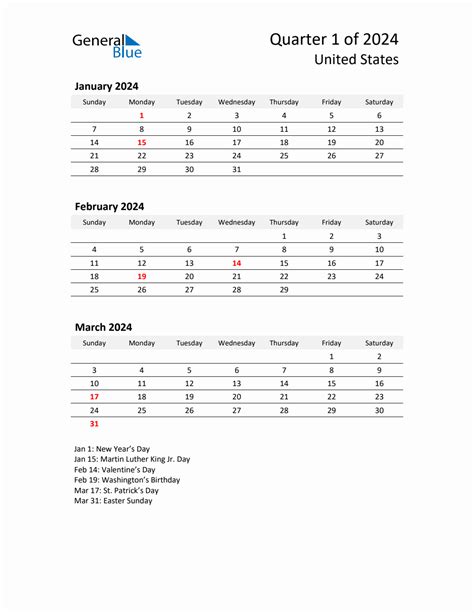 Q1 2024 Quarterly Calendar With United States Holidays Pdf Excel Word
