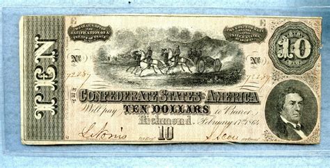 1864 Confederate States 10 Dollar Note Civil War Confederate Currency