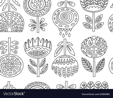 Outline Seamless Pattern With Scandinavian Flowers