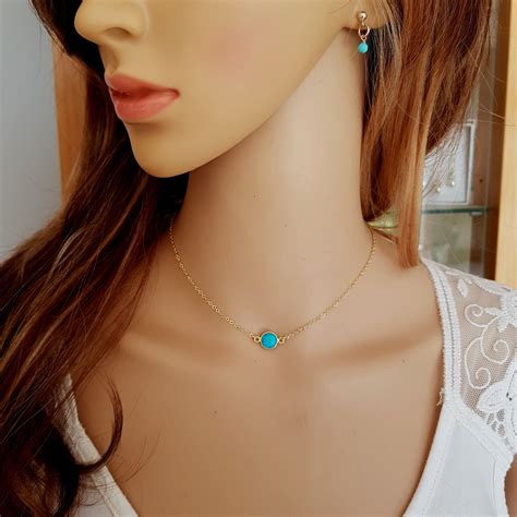 18K Gold Fill Tiny Turquoise Choker Necklace Small Blue Gemstone