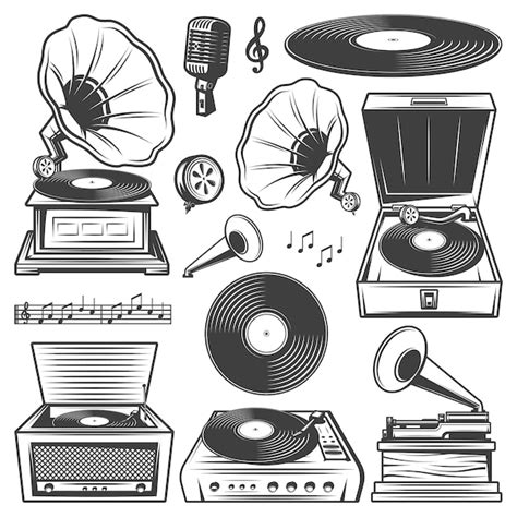 Free Vector Retro Gramophone Icons Set With Turntable Vinyl Record