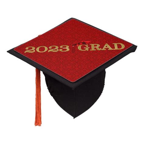 2023 Red Grad Cap On Red Damask With Gold Text
