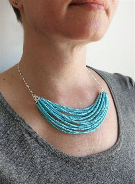 Turquoise Statement Seed Beads Multi Stranded Bib Necklace Beaded Bib