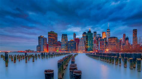 Papel De Parede Cidade De Nova York Manhattan Eua Rio Leste Arranha Céu Construção Pôr