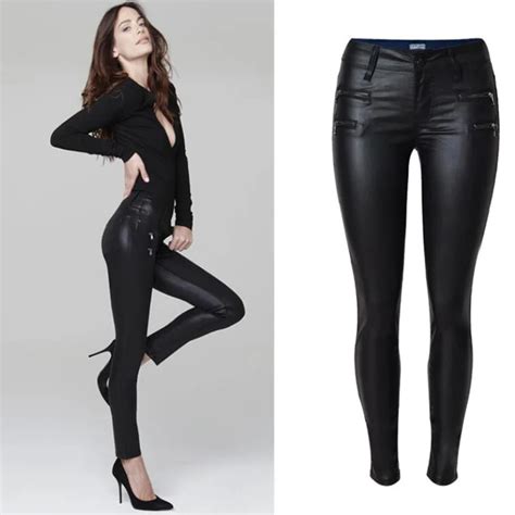 Fashion Pu Leather Pants Women Low Waist Black Color Stretch Trousers