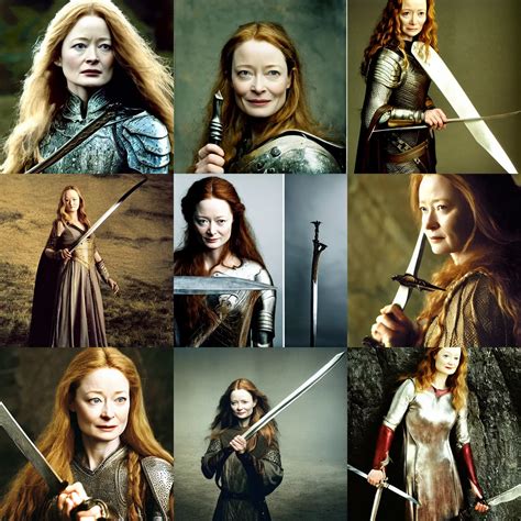 Miranda Otto As Eowyn Posing With A Sword Candid Stable Diffusion