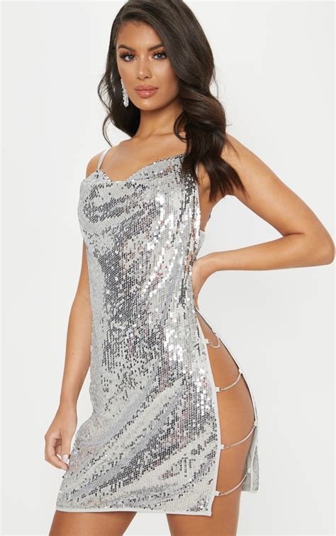 Silver Sequin Chain Bodycon Dress Dresses Prettylittlething Ie