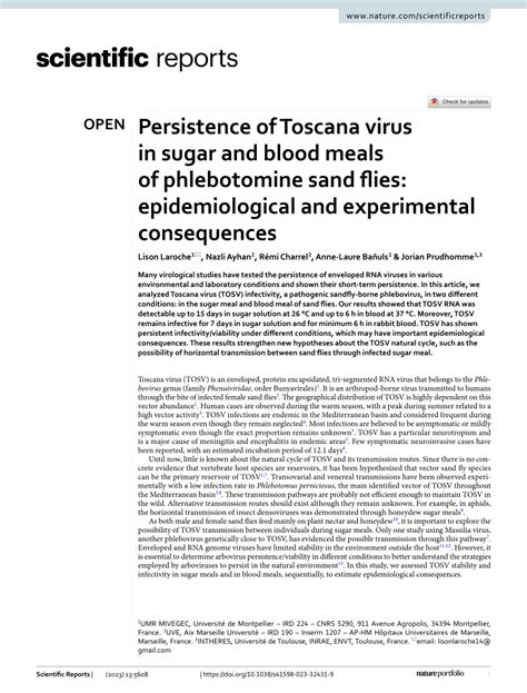 Pdf Persistence Of Toscana Virus In Sugar And Blood Meals Of Phlebotomine Sand Flies