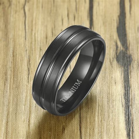Black Titanium Ring For Men Wedding Band 8mm Two Satin Finished Center High Polished Center Round 
