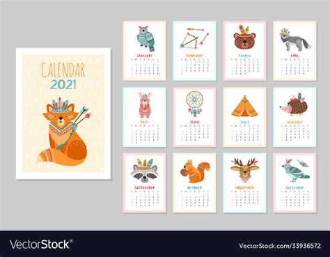 Cute Animal Calendar 2021 Kid Animals Forest Vector Image