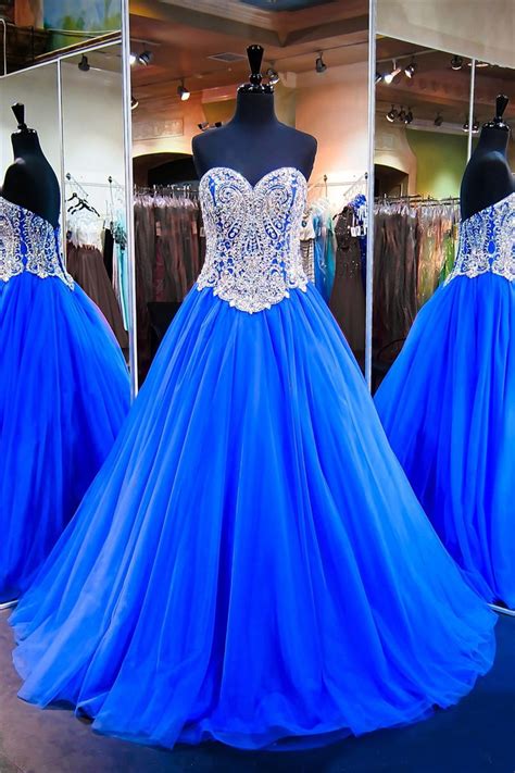 stunning ball gown sweetheart royal blue tulle beaded prom dress corset back