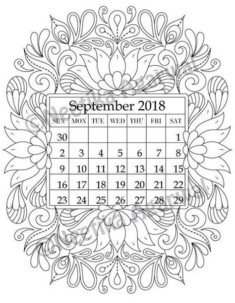 September 2018 Coloring Page Calender Planner Doodle Flowers