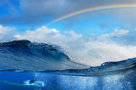 Sea Water Underwater Waves Split View Rainbows Wallpapers Hd