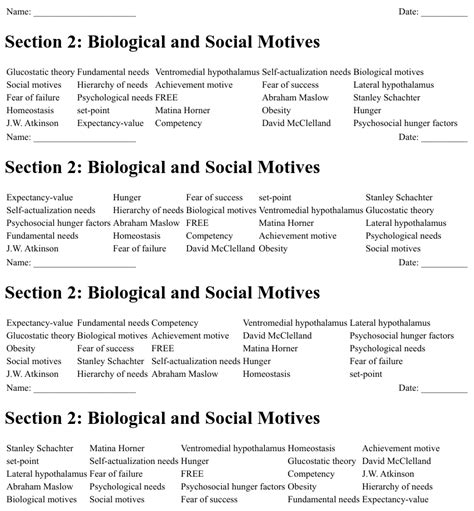 Section 2 Biological And Social Motives Bingo Cards WordMint