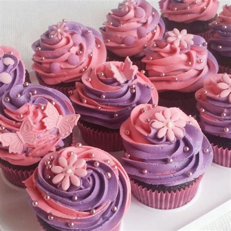 Chocolate Cupcakes With Pink And Purple Buttercream Icing Purple