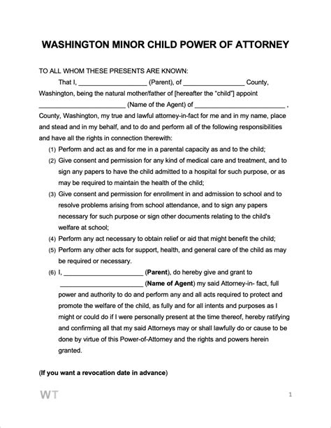 Free Washington Minor Child Power Of Attorney Form Pdf Word Rtf