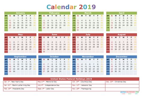 2019 Yearly Calendar With Holidays Printable Us Edition Rbs2e321 Qualads