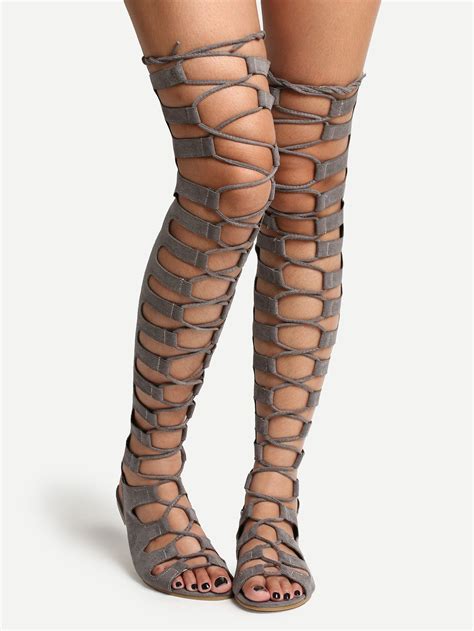 Shop Grey Lace Up Thigh High Gladiator Sandals Online Shein Offers Grey Lace Up Thigh High