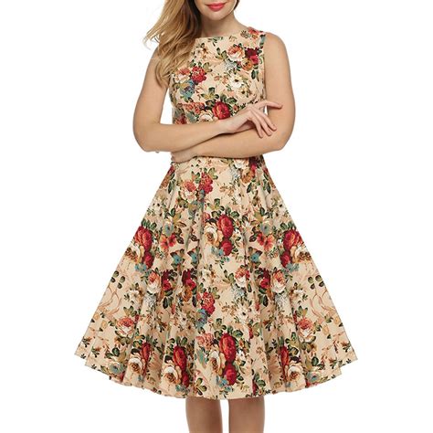 new women summer floral print retro vintage 50s 60s casual party rockabilly pinup dresses ladies