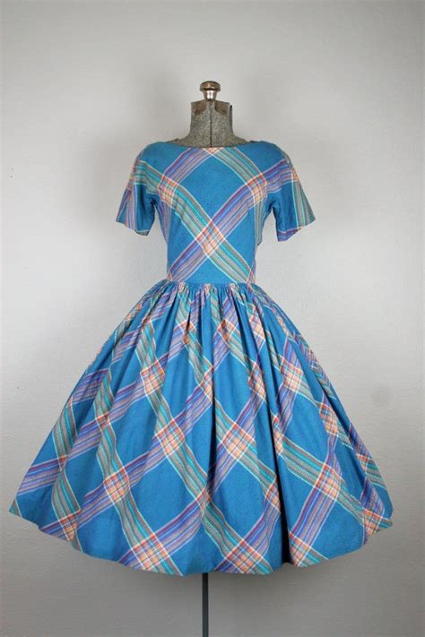 1950s Blue Plaid Cotton Day Dress Size Small Image 7 Vintage Dresses