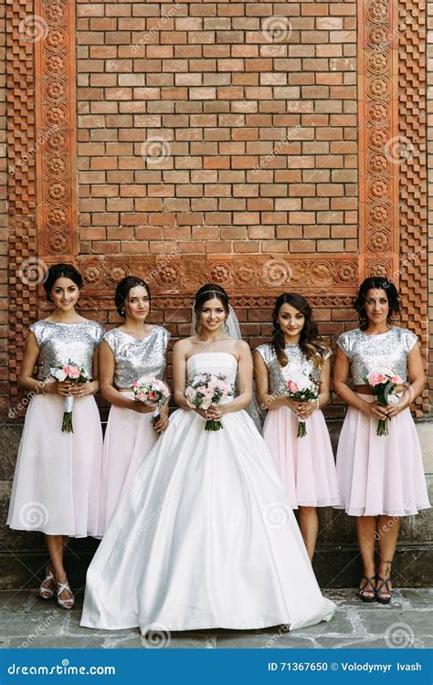 Amazing Bride In The Bridal Dress With The Bridesmaids Stock Photo