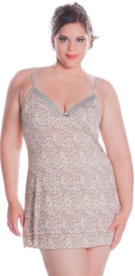 Womens Plus Size Print Microfibre Chemise With Lace 4101x 1x 6x