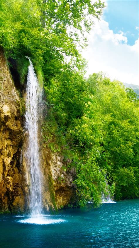 Wallpaper Beautiful Waterfall Lake Trees Mountain Green Summer