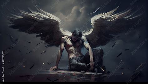Fallen Angel With Dark Wings Painting Generative Ai Stock