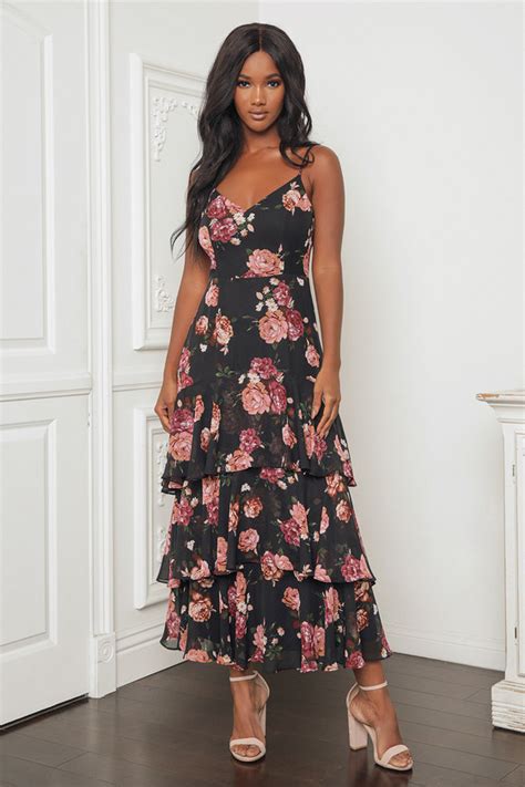 Black Floral Print Dress Tiered Maxi Dress Ruffled Maxi Dress Lulus
