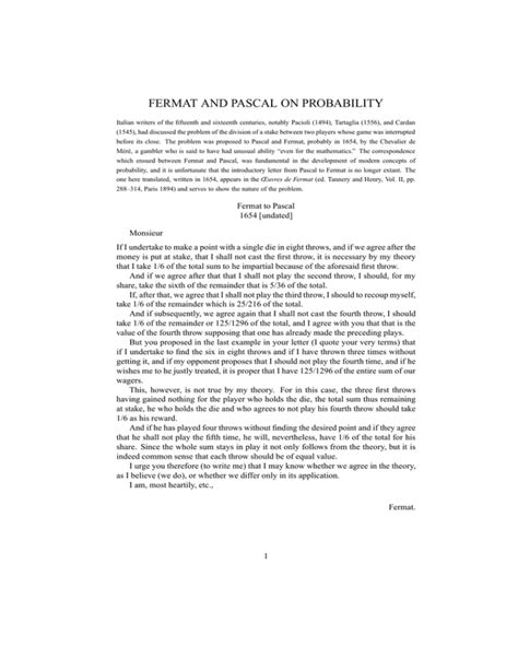 Fermat And Pascal On Probability