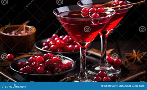 Classic Alcoholic Cocktail Served In A Martini Glass And Cherries On Table Selective Focuse