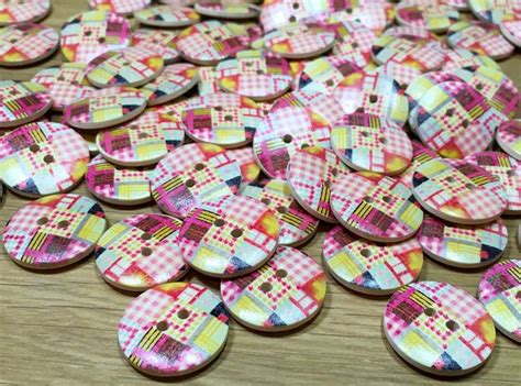 Patchwork Check Patterned Gingham Wooden Buttons Packs Of 4 Etsy Uk
