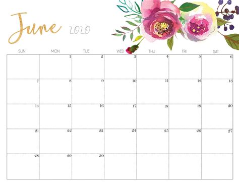 June 2021 Calendar Printable Cute Free Letter Templates