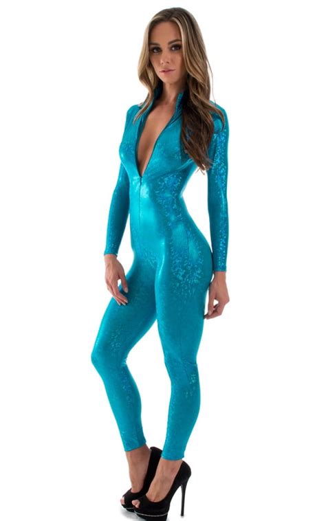 Front Zipper Catsuit Bodysuit In Holographic Shattered Teal