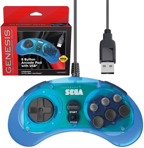Retro Bit Sega Genesis 8 Button Arcade Pad With Usb Clear Blue For