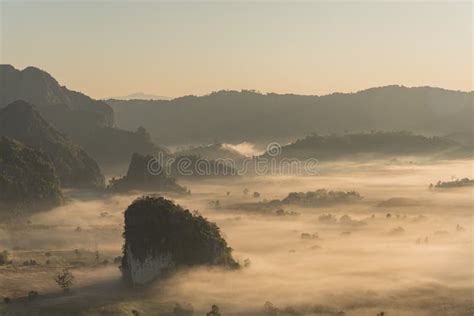 Foggy Mountain Landscape Under Morning Skyphu Langka Thailand Stock