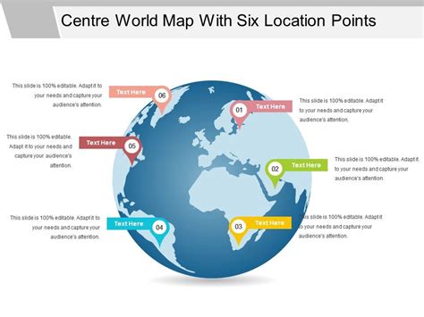 Centre World Map With Six Location Points Presentation Powerpoint