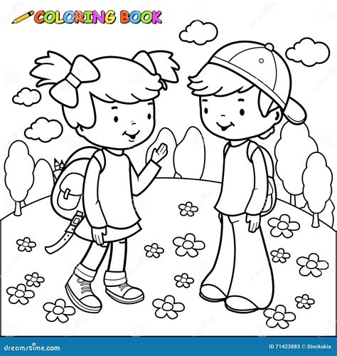 Little Girl And Boy Students Vector Black And White Coloring Page