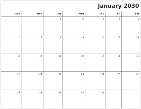 January 2030 Printable Blank Calendar