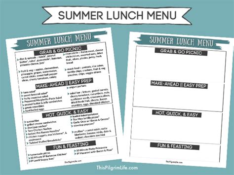 Summer Lunch Ideas Printable Menu This Pilgrim Life Summer Lunch
