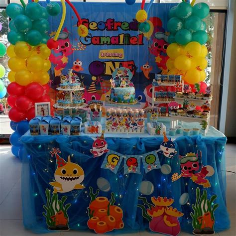Baby shark party supplies offer a complete baby shark birthday theme, from tableware to decorations, party favors, and even costumes. Geo 1st Birthday Party . . . . . Dessert table by @eska ...