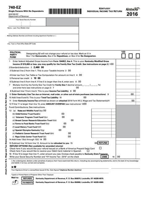 Form 740 Ez Kentucky Individual Income Tax Return 2016 Printable
